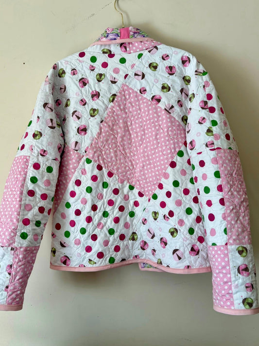 Pink ladybug quilt jacket upcycle med