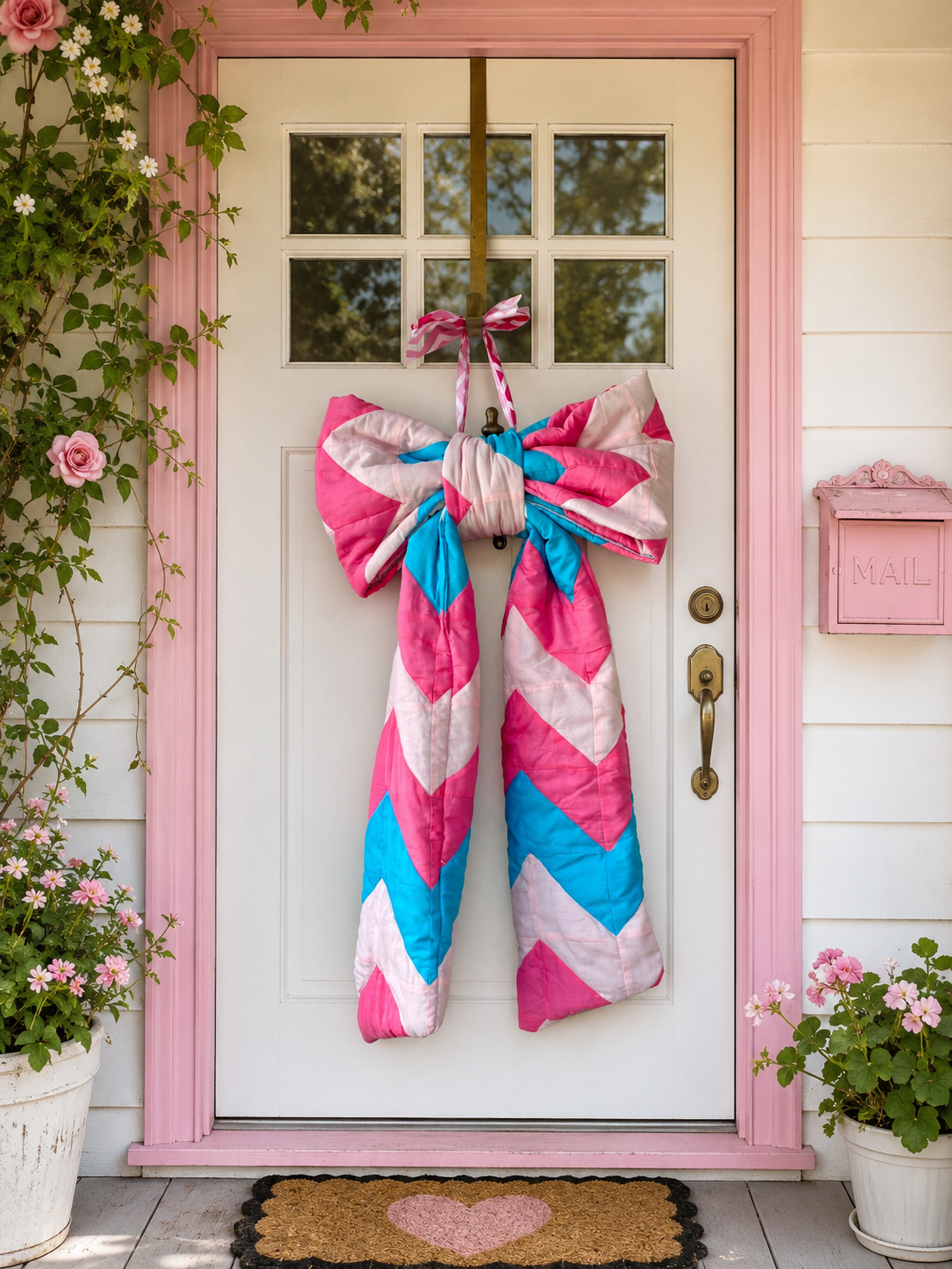 Pink and blue quilted door bow