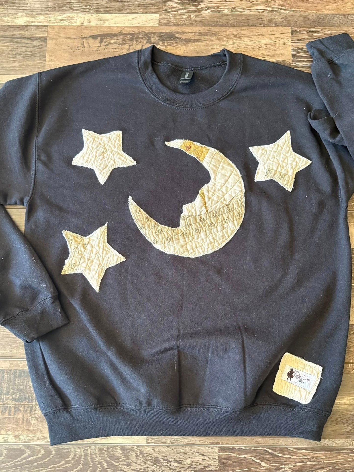 Moon and star quilt upcycle sweatshirt