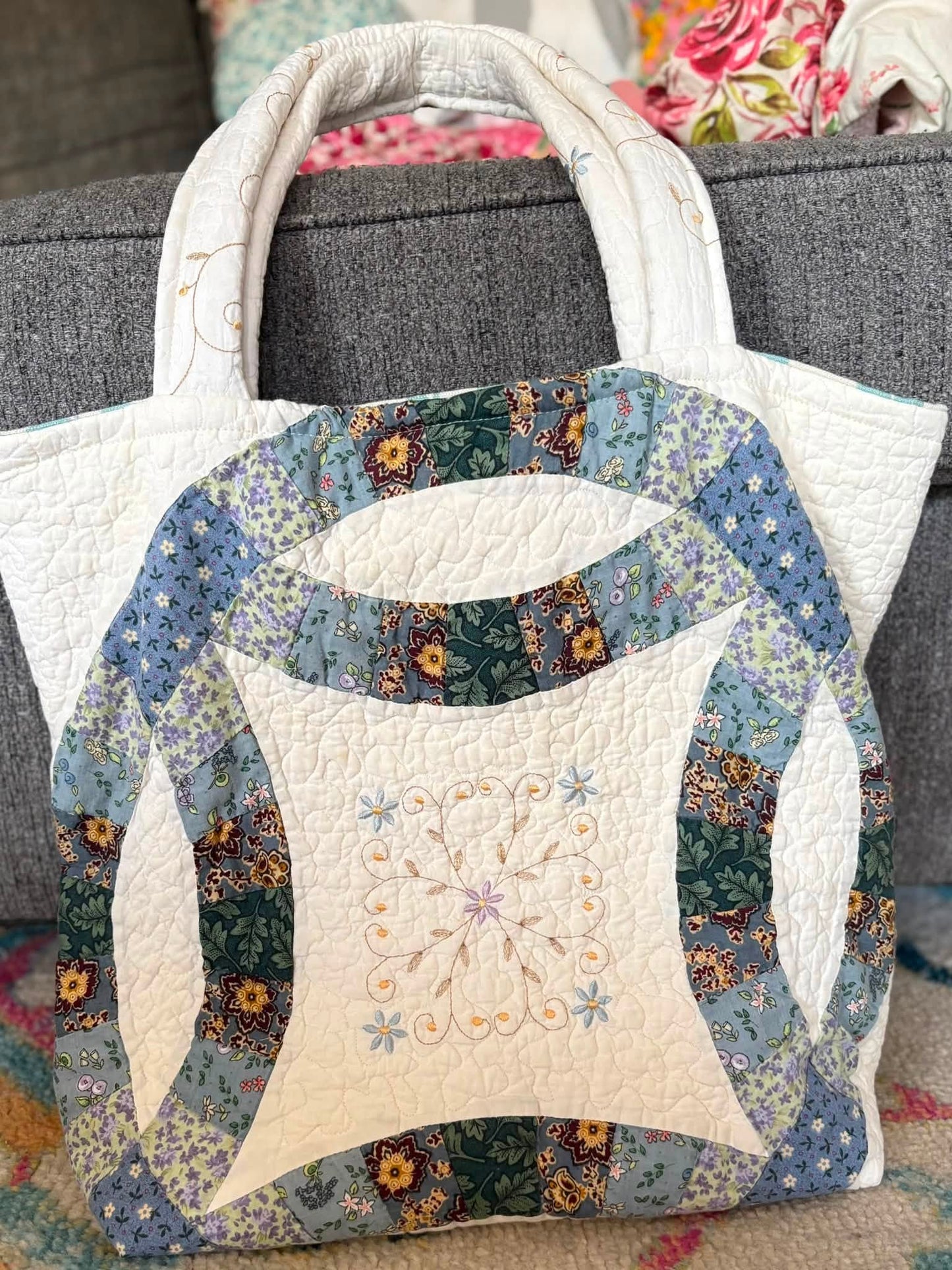 Quilt upcycled tote bag blue