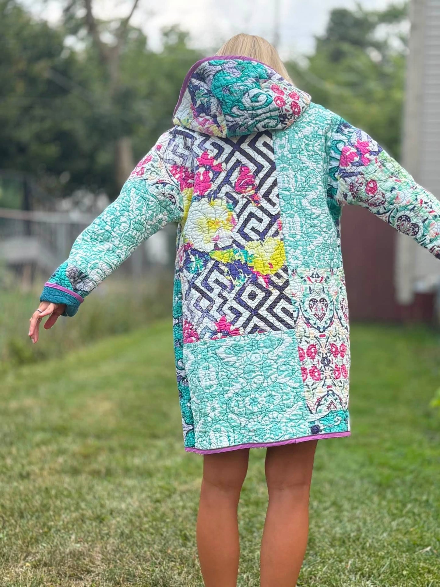 Boho upcycled quilt jacket size lg