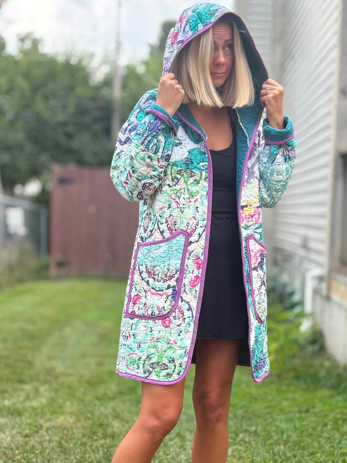 Boho upcycled quilt jacket size lg