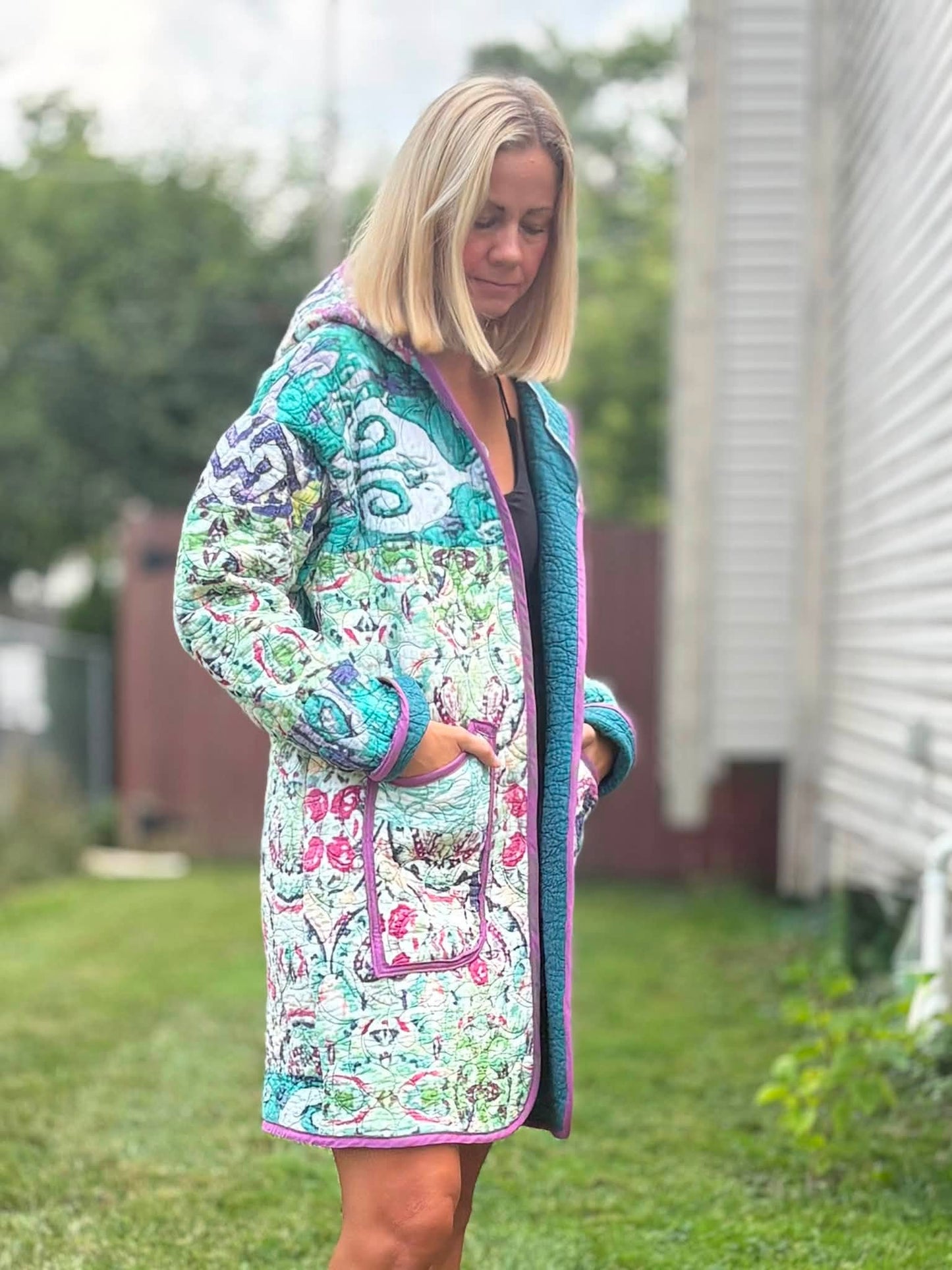 Boho upcycled quilt jacket size lg