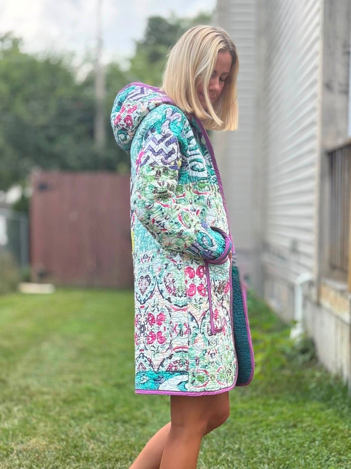 Boho upcycled quilt jacket size lg